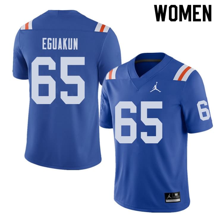 Women's NCAA Florida Gators Kingsley Eguakun #65 Stitched Authentic Alternate Jordan Brand Royal Throwback College Football Jersey QYV5665VE